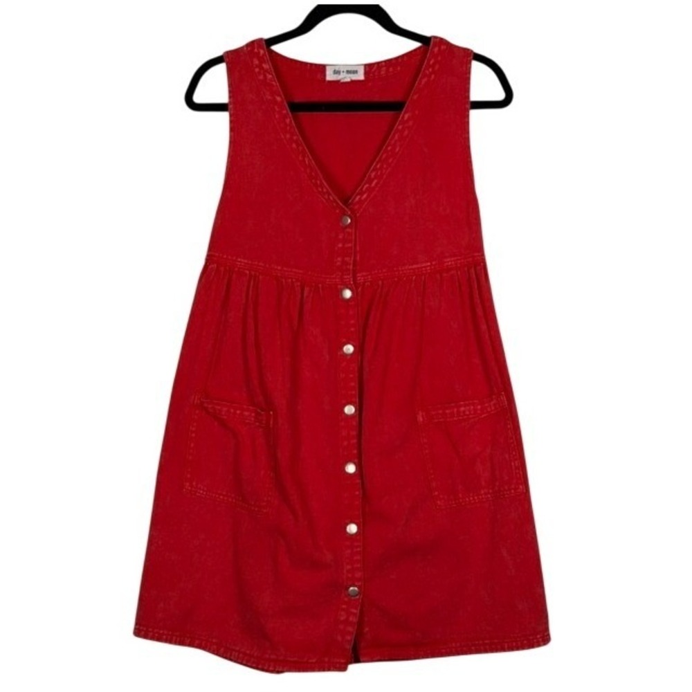 Day + Moon Red Denim Button Down Pinafore Babydoll Dress Jumper Medium